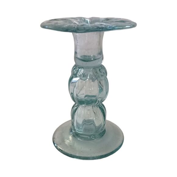 Hand Blown Art Glass Candlestick Holder Taper SINGLE ICY Blue Mexico Beachy Vtg. - Picture 7 of 13